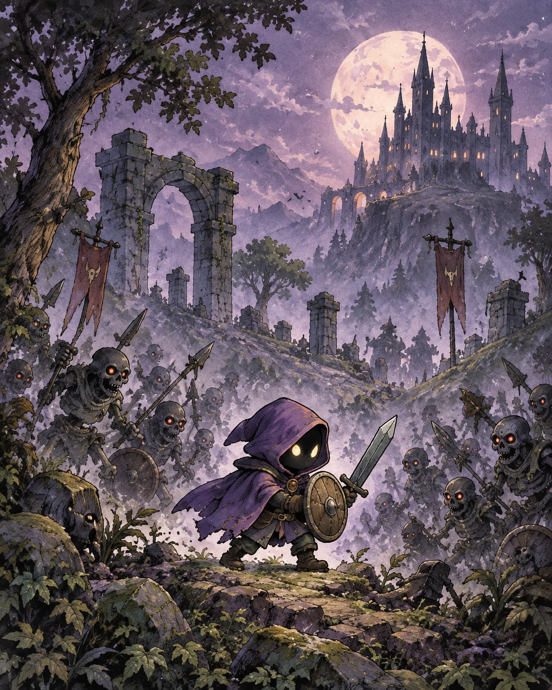 Illustration of a violet-cloaked warrior facing a moonlit horde