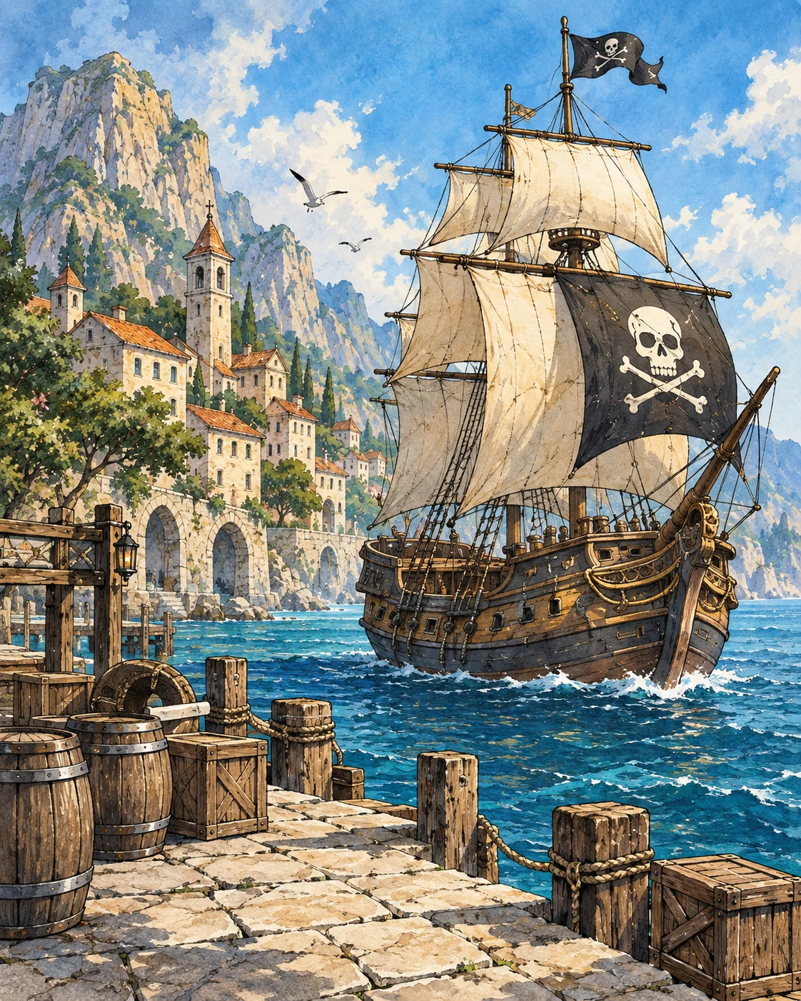 Illustration of a sailing ship beside a sunlit stone harbour