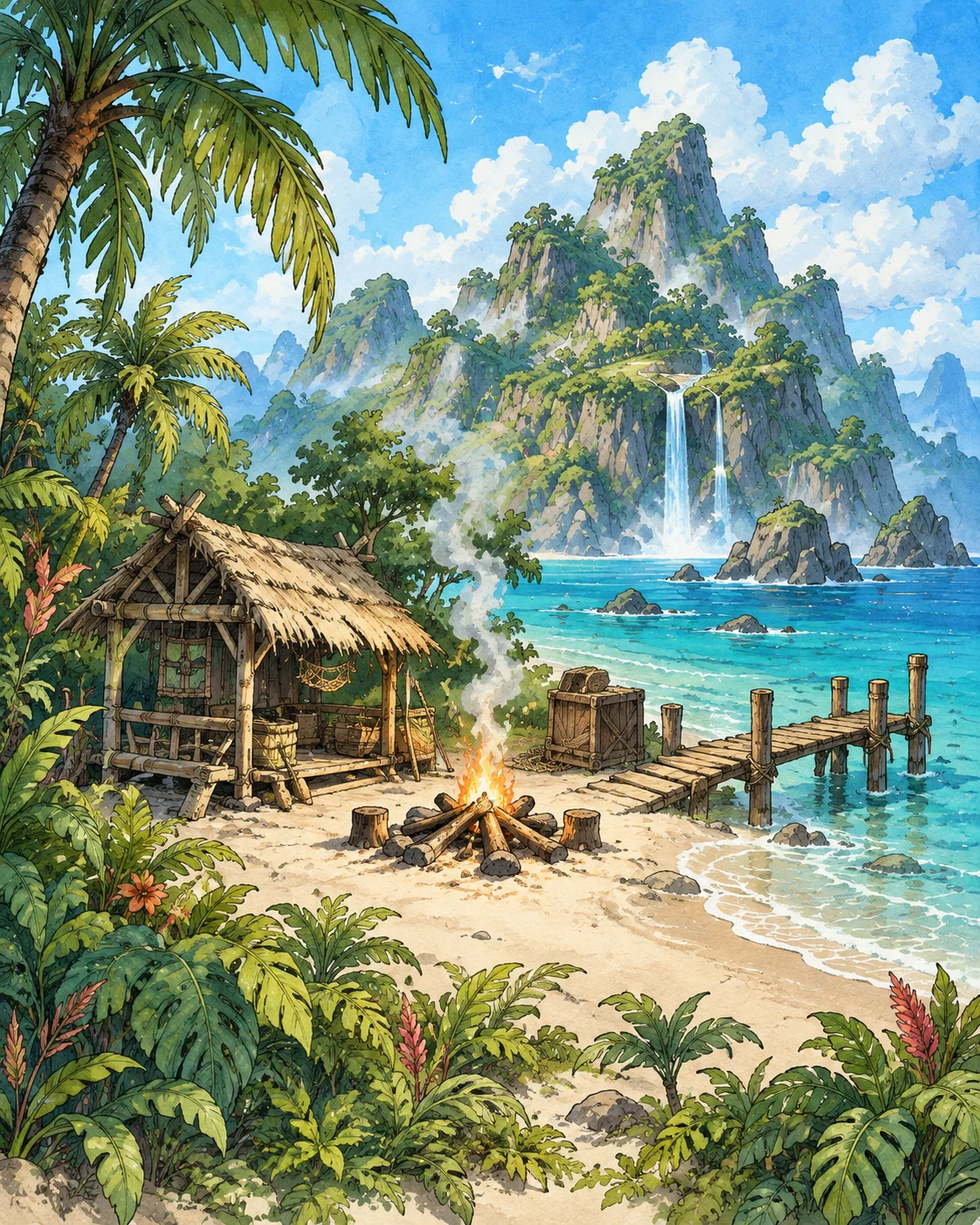 Illustration of a palm-fringed island with a shoreline survival camp